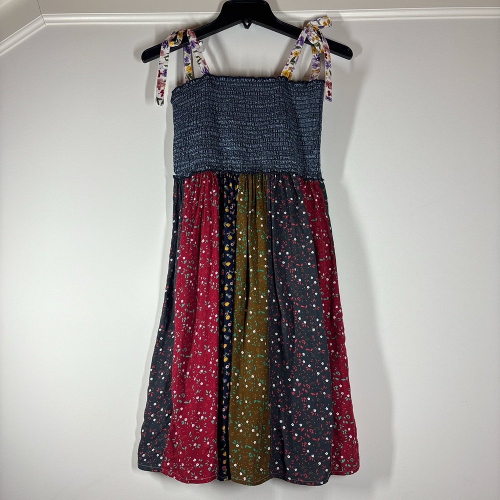 NWT Young Threads Patchwork Floral Smocked Mini Dress Tie Strap Sz M Blue Multi